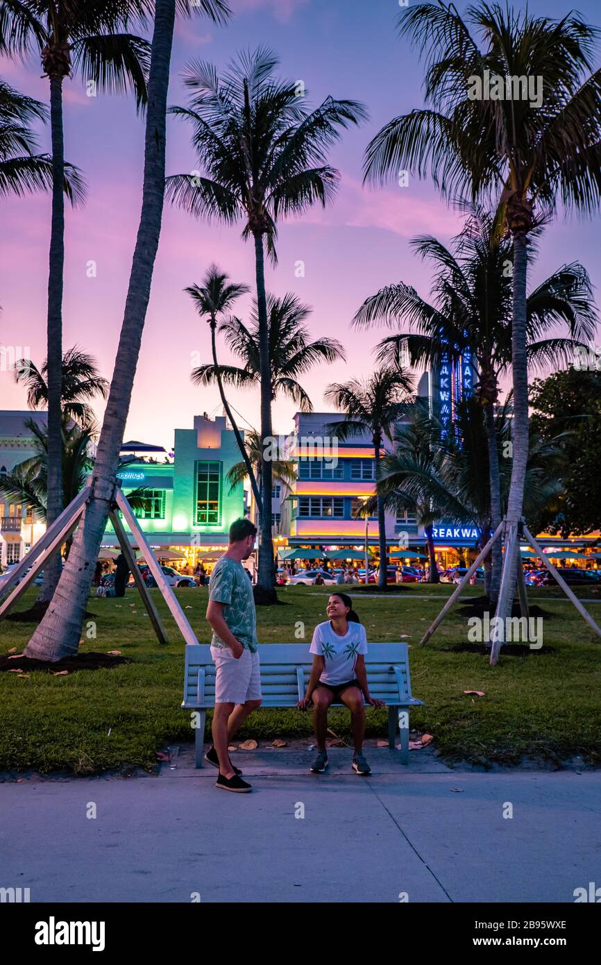 Miami Beach, colorful Art Deco District at night Miami Florida Stock