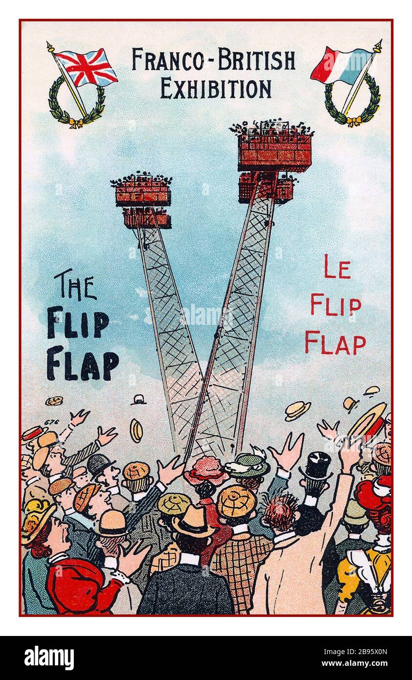 Vintage Poster Card for 1908 Franco-British Exhibition with Edwardian white knuckle rides like 'The Flip Flap' part of a large public fair held in London between 14 May and 31 October 1908. The exhibition attracted 8 million visitors and celebrated the Entente Cordiale signed in 1904 by the United Kingdom and France Stock Photo