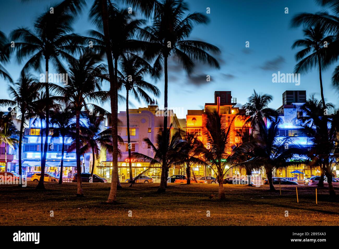 Miami Beach, colorful Art Deco District at night Miami Florida Stock