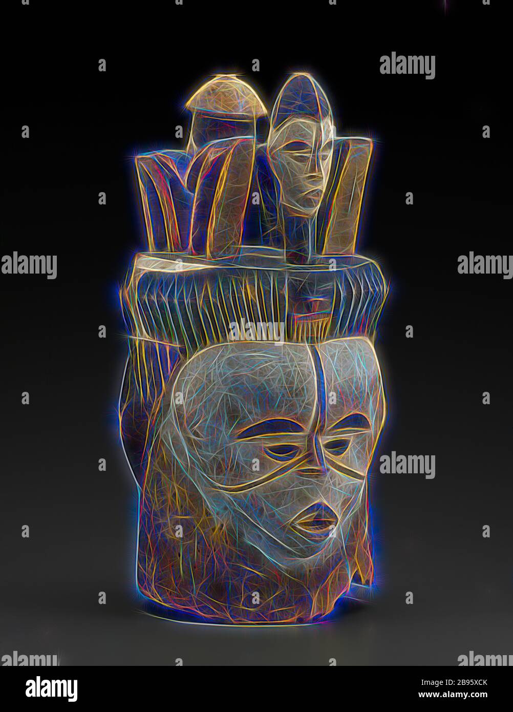 Janusfaced helmet mask with two human head finials, pigment, H 19 in