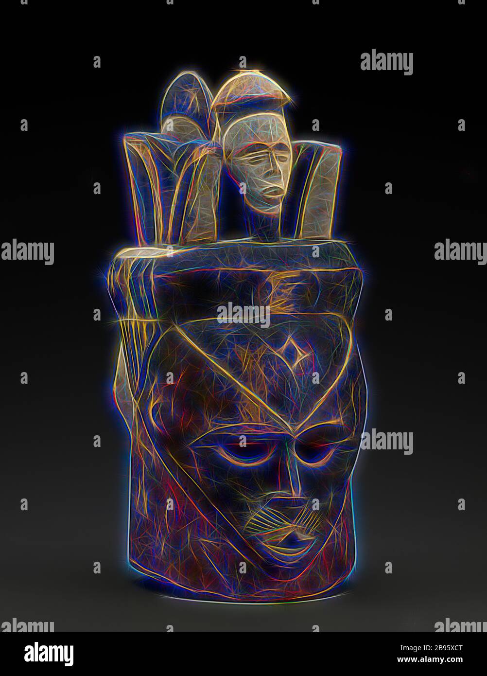 Janusfaced helmet mask with two human head finials, pigment, H 19 in