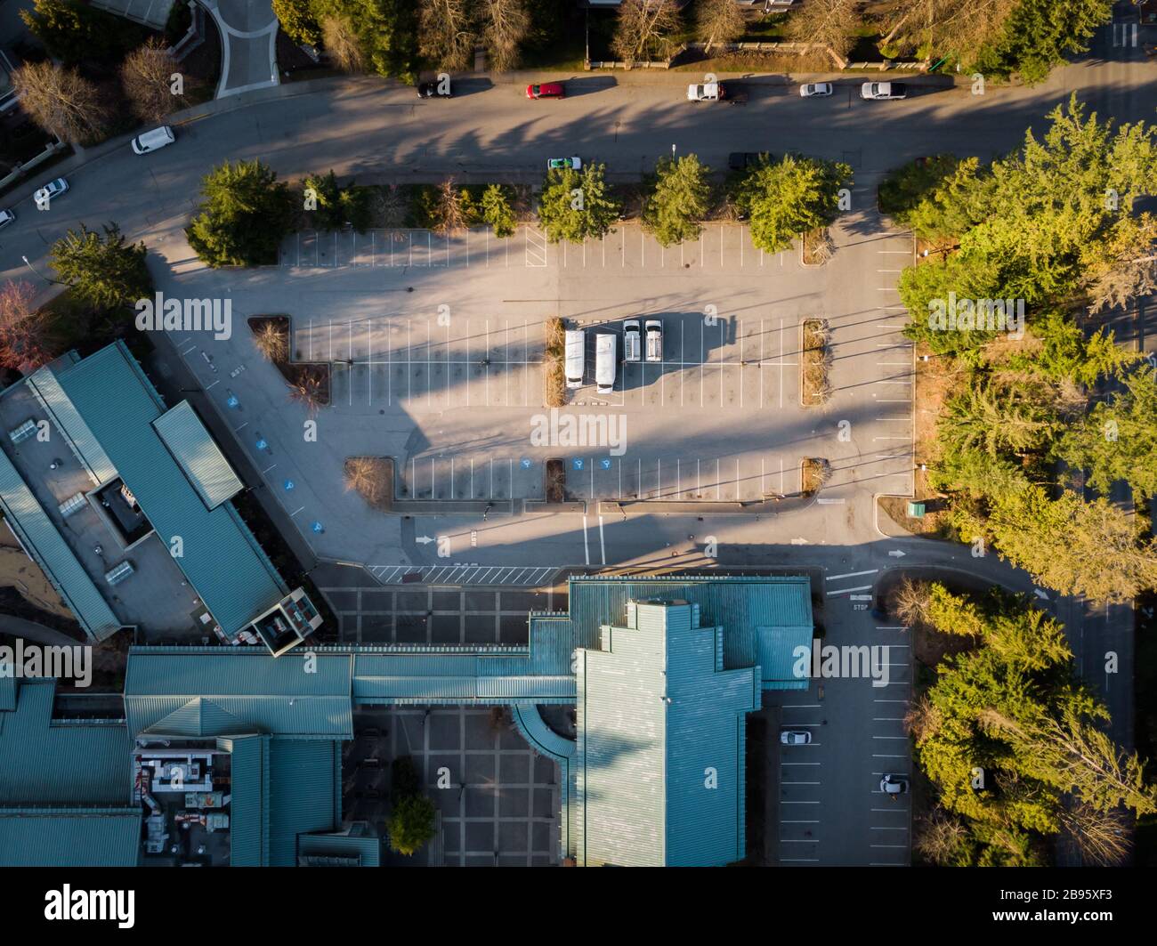 An aerial drone shot of a North Vancouver recreatiion center that was closed down due to quarantine measure taken in light of the Coronavirus pandemic Stock Photo