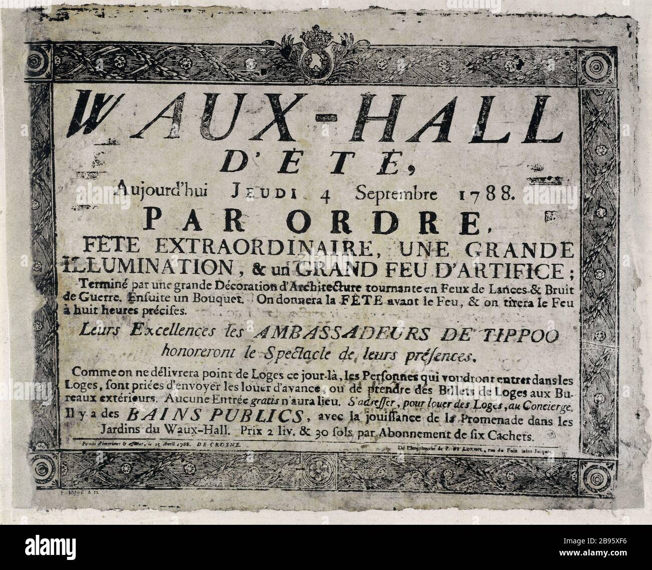 SUMMER WAUX-HALL, SPECIAL PARTY, A GREAT BIG LIGHTS & FIREWORKS - WAUX-HALL SUMMER, FESTIVAL SPECIAL, GREAT LIGHTING & A GREAT FIREWORKS Pierre-Nicolas Delormel ou De Lormel. Waux-Hall d'Eté, Fête Extraordinaire, une Grande Illumination & un Grand Feu d'Artifice. Affiche. Gravure sur bois, 1788. Paris, musée Carnavalet. Stock Photo