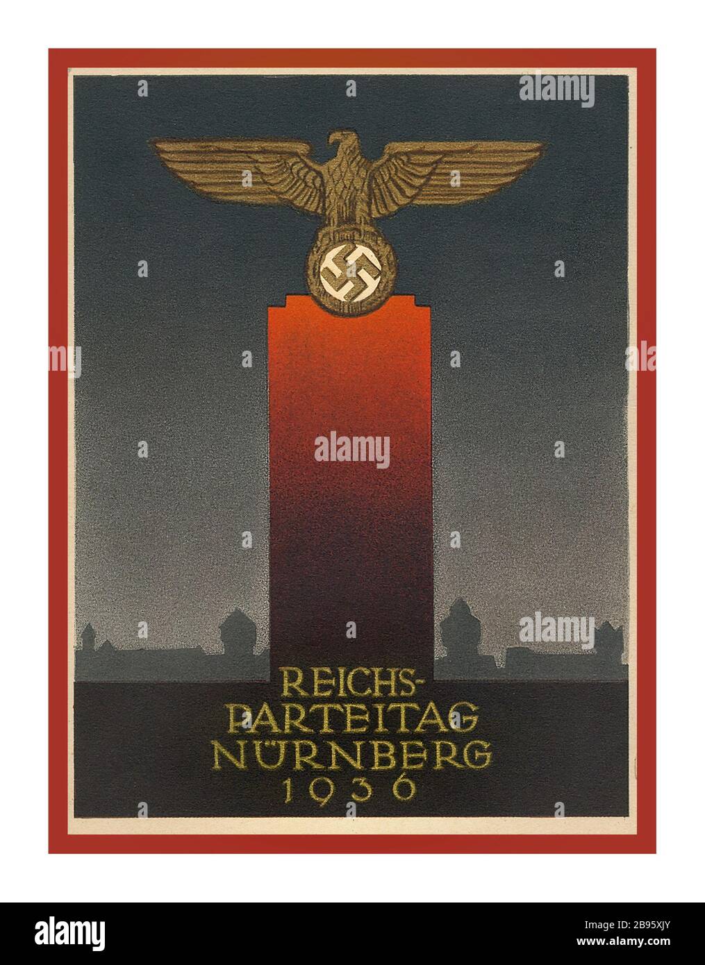 Vintage Nazi Propaganda 1936 Reichs Parteitag Nurnberg German Eagle with Nazi Swastika on red plinth Nurnberg Nazi Germany Stock Photo