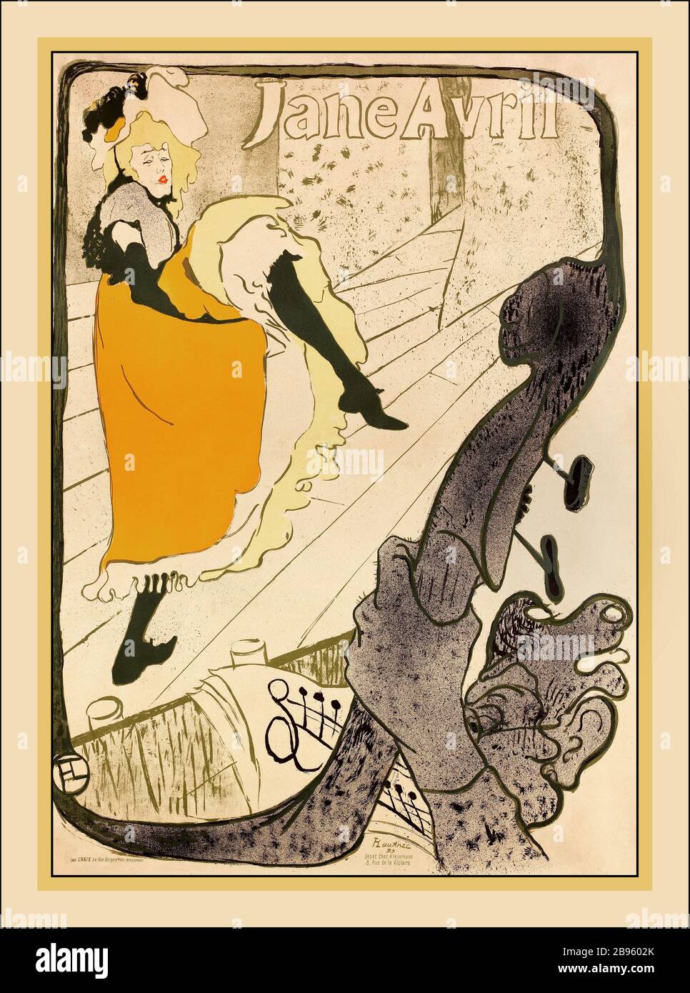 Vintage LAUTREC Jane Avril Can Can Poster Henri de Toulouse-Lautrec Paris France Jane Avril (9 June 1868 – 17 January 1943) was a French can-can dancer made famous by Henri de Toulouse-Lautrec through his paintings. Stock Photo