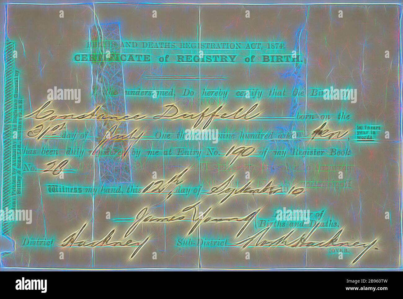 Birth Certificate Constance Duffell, England, 12 Sep 1910, Birth