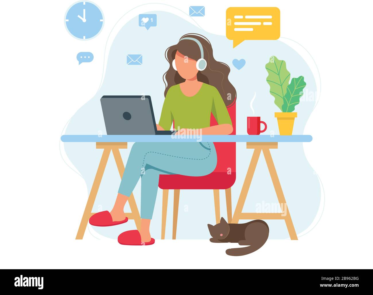 Home office concept, woman working from home, student or freelancer. Cute vector illustration in flat style Stock Vector Image & Art - Alamy