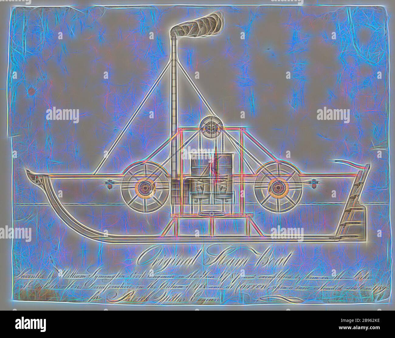 Engineering Drawing - William Symington, Original Steam Boat for Patrick Miller Esq, 1787-1788, Ink and water-colour technical drawing showing a longitudinal cross-sectional elevation of the first paddlesteamer built by the Scottish engineer and inventor, William Symington, C.E., with assistance from James Taylor and others, in 1787-88. The vessel depicted is an experimental steam-powered paddleboat built for Patrick Miller Esq., a prominent Edinburgh merchant and banker. Late in 1787,, Reimagined by Gibon, design of warm cheerful glowing of brightness and light rays radiance. Classic art rein Stock Photo