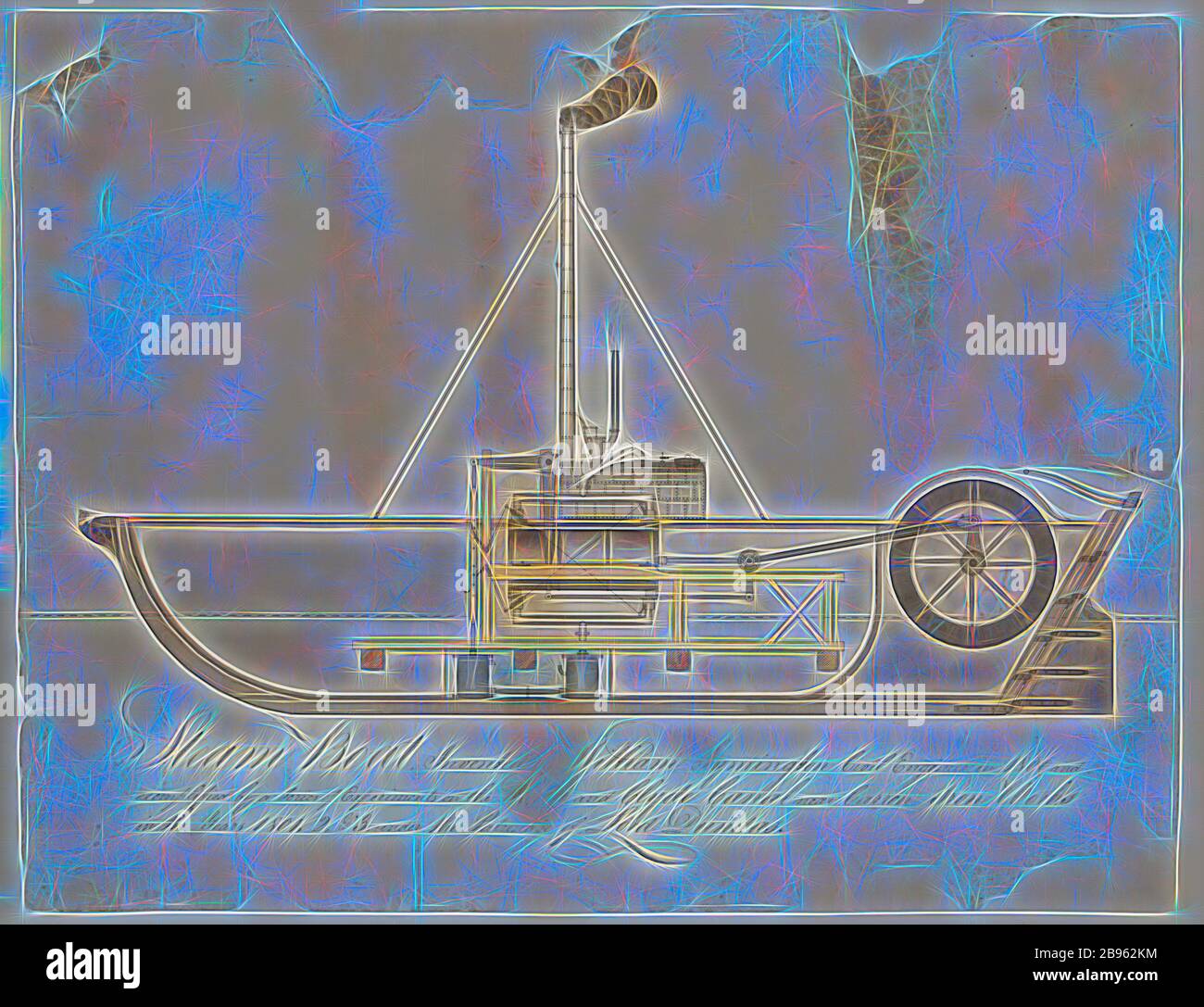 Engineering Drawing - William Symington, 'Charlotte Dundas', Steam Boat Invented for Lord Dundas, 1801-1803, Ink and water-colour technical drawing showing a longitudinal cross-sectional elevation of the fourth and final experimental paddlesteamer built under the direction of the Scottish engineer and inventor, William Symington, C.E.. The vessel depicted is the second of two steam-powered paddleboats designed by Symington for the Forth and Clyde Navigation Company at the instigation of Lord Dundas (Sir, Reimagined by Gibon, design of warm cheerful glowing of brightness and light rays radiance Stock Photo