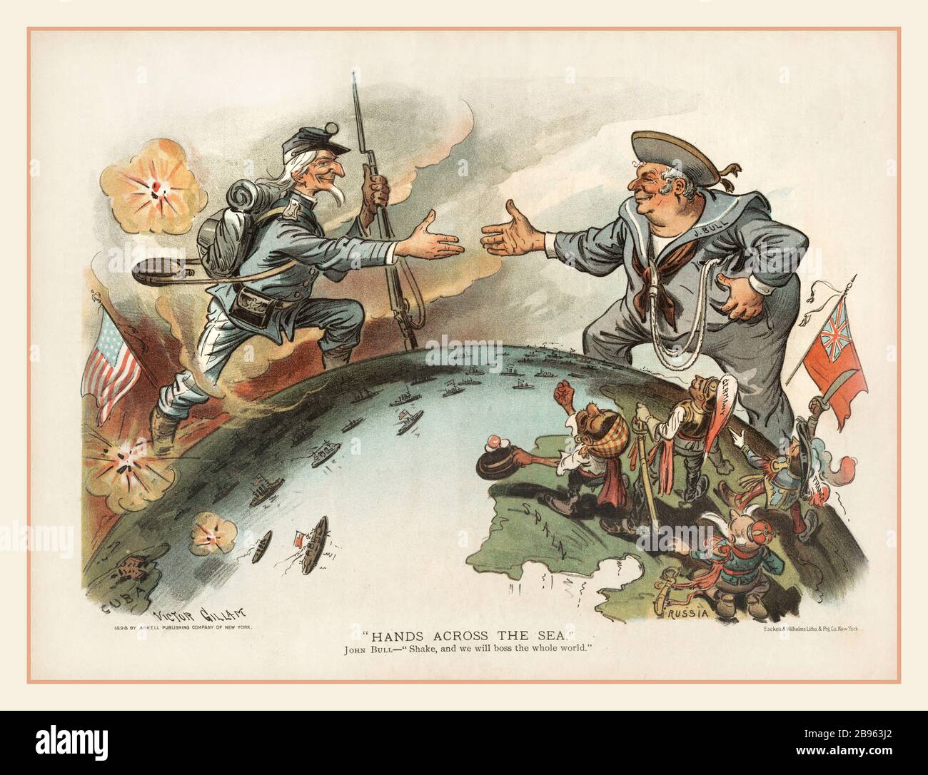 ‘HANDS ACROSS THE SEA’ Vintage BRITISH / AMERICAN 1898 cartoon map, soldier Uncle Sam reaching across the Atlantic to shake hands with sailor John Bull. Together, they shake hands to 'Boss the whole world.' Battles in the Philippines and Cuba are behind and below Uncle Sam, while small Europeans are shown rioting and appealing to John Bull. An 1890s cartoon map supporting and encouraging American U.S. expansionism. Stock Photo