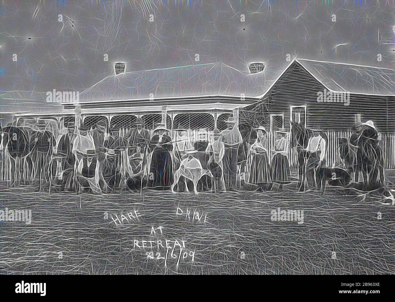 Negative - Boggabri, New South Wales, Jun 1909, A hunting party at a hare drive., Reimagined by Gibon, design of warm cheerful glowing of brightness and light rays radiance. Classic art reinvented with a modern twist. Photography inspired by futurism, embracing dynamic energy of modern technology, movement, speed and revolutionize culture. Stock Photo