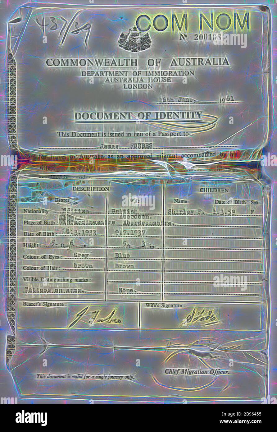 Identity Document James Forbes, Department of Immigration