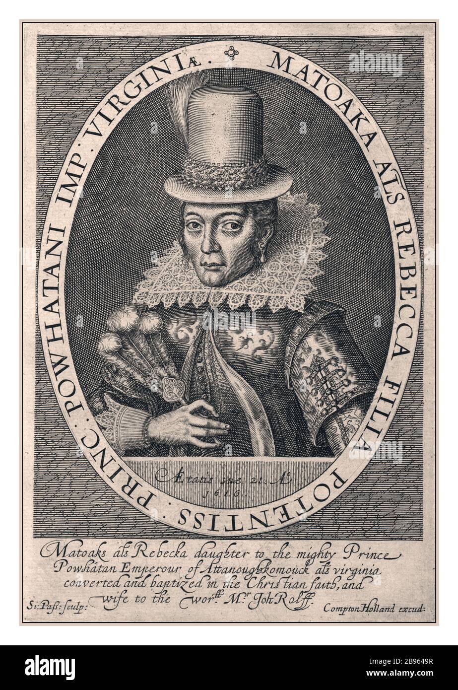 POCAHONTAS / MATOAKA American Indian princess aged 21 years just before her death 1617 Pocahontas, illustration in Bazilioologia A Booke of Kings, London, Compton Holland, 1618 Stock Photo