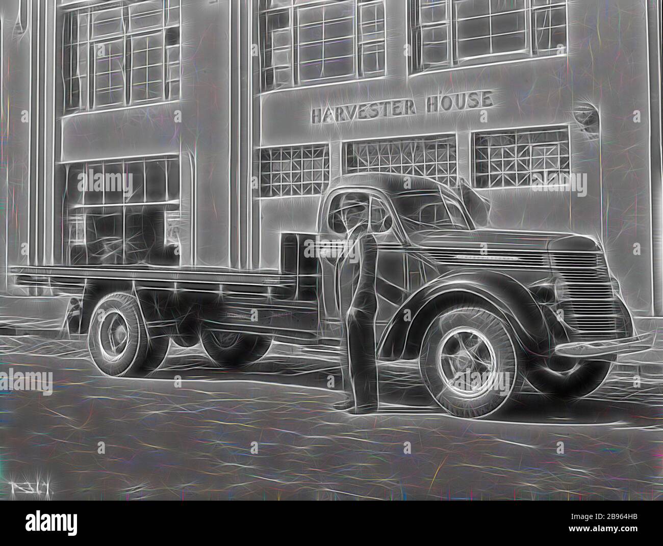 Negative - International Harvester, Keith Rigg & D40 Truck Outside Harvester House, City Road, South Melbourne, 1940, Part of a large collection of glass plate and film negatives, transparencies, photo albums, product catalogues, videos, motion picture films, company journals, advertisements and newspaper cuttings relating to the operations of the International Harvester Company and its subsidiaries in Australia. The International Harvester Company of America was formed in 1902 by the merger of five leading, Reimagined by Gibon, design of warm cheerful glowing of brightness and light rays radi Stock Photo