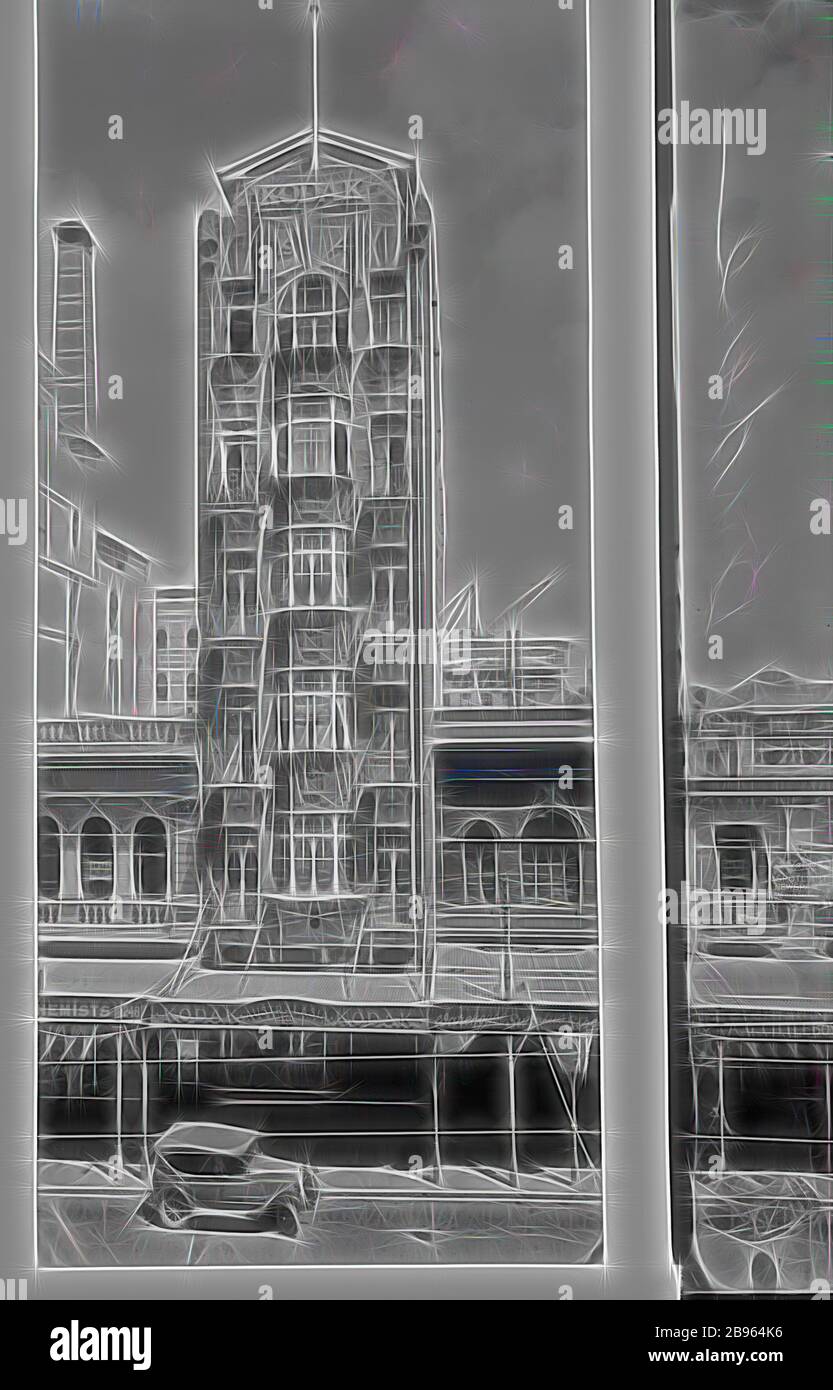 Glass Negative, Building Exterior, Queen Street, Brisbane, circa 1930s, Black and white full plate glass negative of the Kodak Australasia Pty Ltd building on Queen Street St, Brisbane, Queensland, circa 1930s. This oblique street view shows neighbouring high rises, a car parked on the street. To the far right, beyond the area that a mask has been applied to delineate an area for developing, a man with crutches and a top hat can be seen leaning against an awning pole,, Reimagined by Gibon, design of warm cheerful glowing of brightness and light rays radiance. Classic art reinvented with a mode Stock Photo