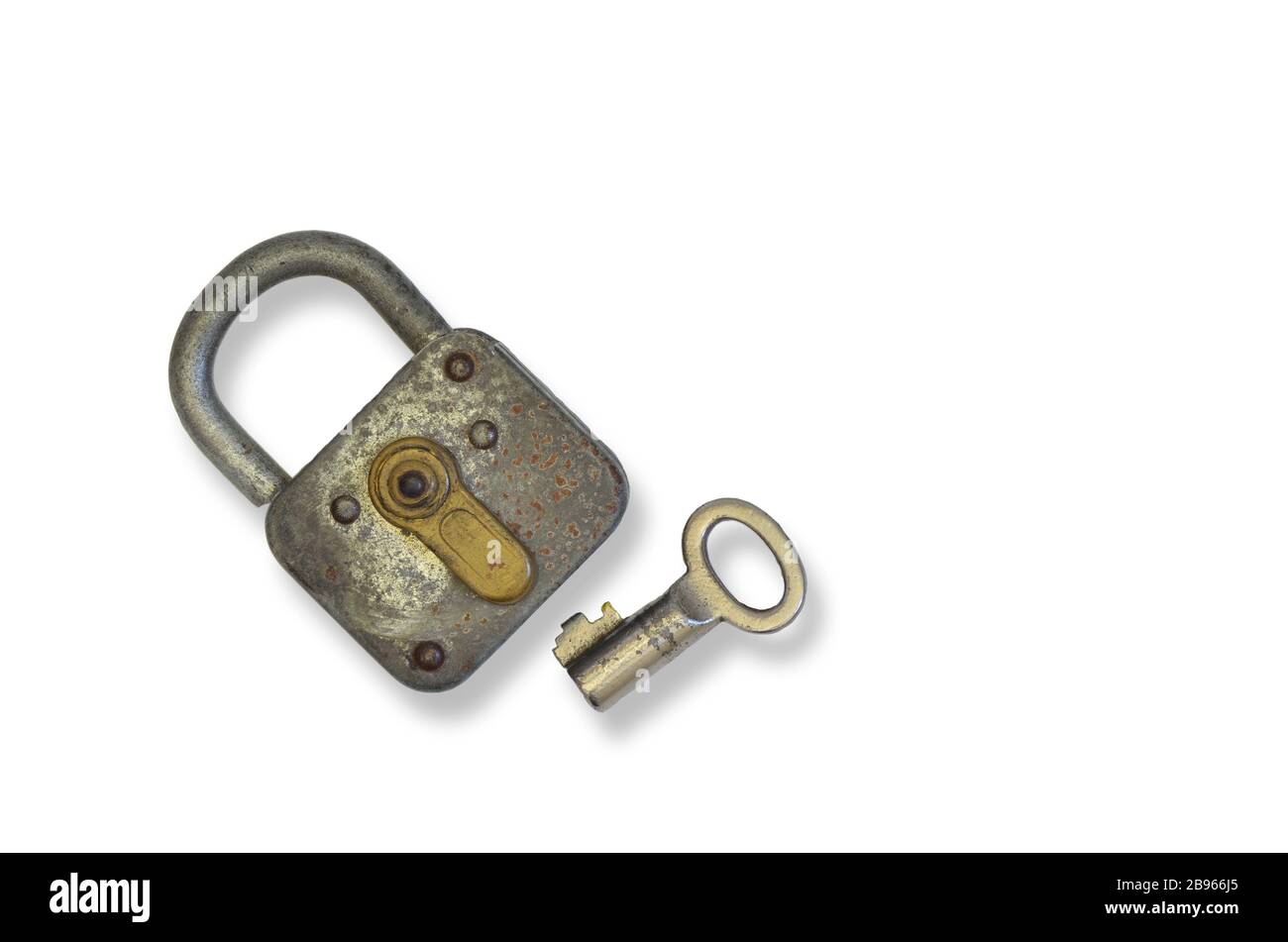 rusty old padlock with key, close up, isolated on white background ...