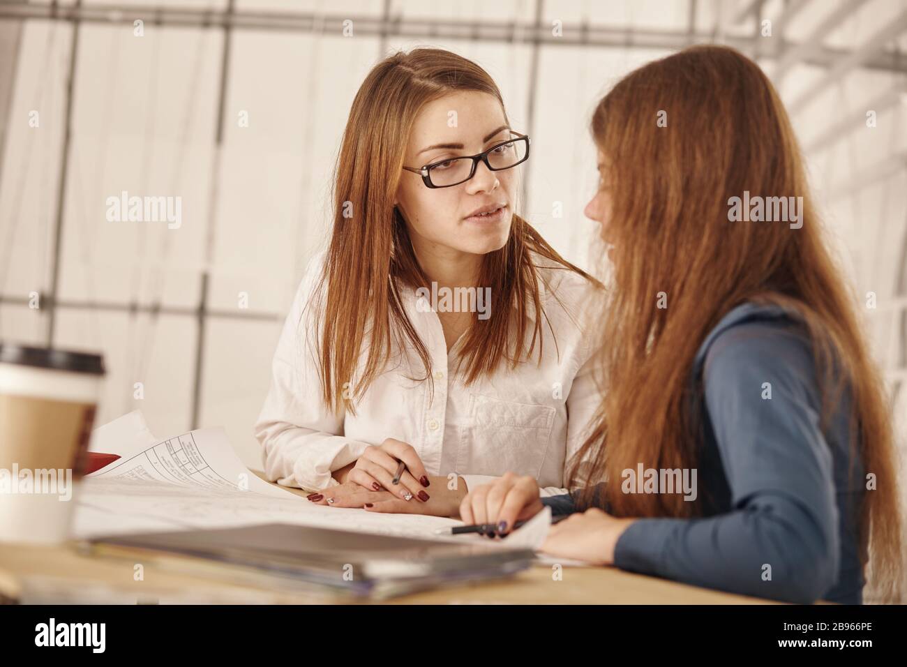 Two young architects working on a project Stock Photo