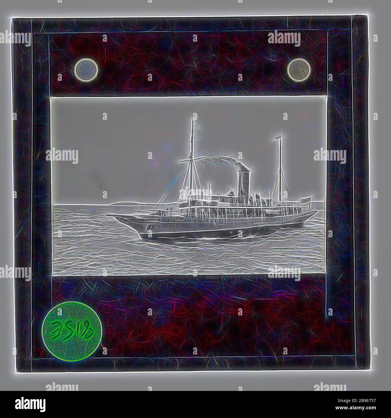 Lantern Slide - Pilot Ship Akuna, Ellsworth Relief Expedition, Port Phillip Bay, Victoria, 18 Feb 1936, Lantern slide of the pilot ship Ankuna, Antarctica. One of 328 images in various formats including artworks, photographs, glass negatives and lantern slides., Reimagined by Gibon, design of warm cheerful glowing of brightness and light rays radiance. Classic art reinvented with a modern twist. Photography inspired by futurism, embracing dynamic energy of modern technology, movement, speed and revolutionize culture. Stock Photo