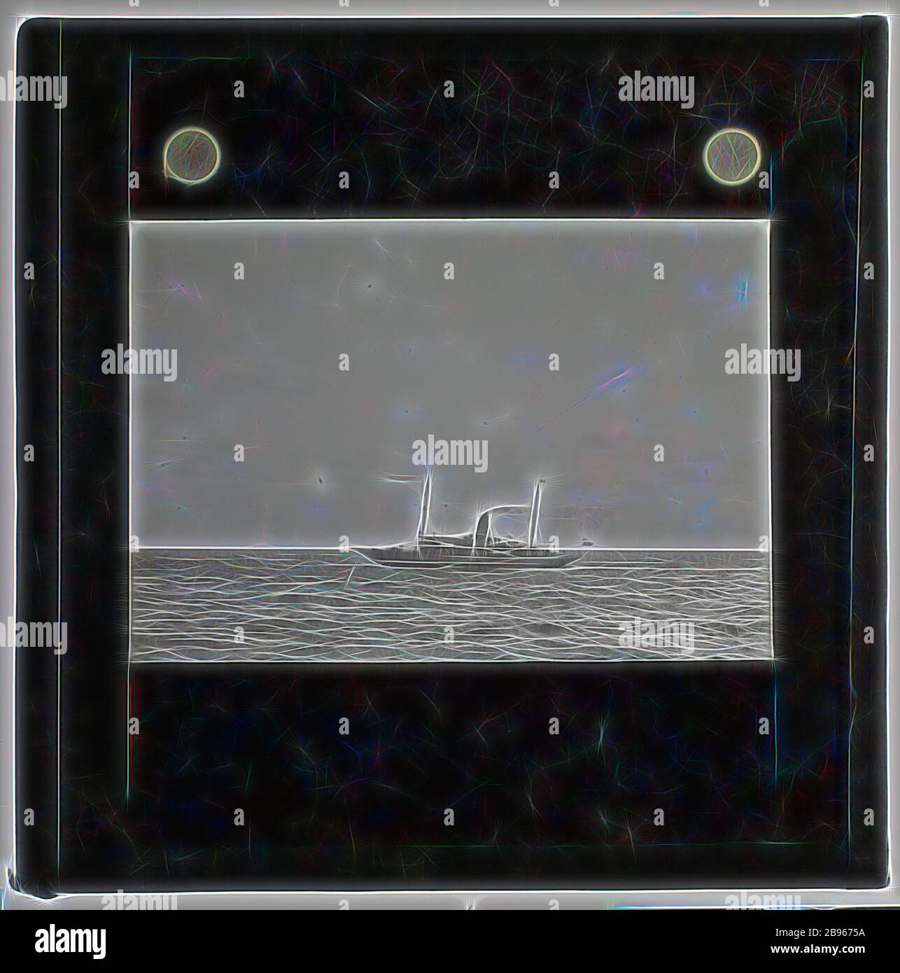 Lantern Slide - Ship Akuna, Ellsworth Relief Expedition, Port Phillip, Victoria 18 Feb 1936, Lantern slide of the pilot ship Akuna in Port Phillip, Victoria. One of 328 images in various formats including artworks, photographs, glass negatives and lantern slides., Reimagined by Gibon, design of warm cheerful glowing of brightness and light rays radiance. Classic art reinvented with a modern twist. Photography inspired by futurism, embracing dynamic energy of modern technology, movement, speed and revolutionize culture. Stock Photo