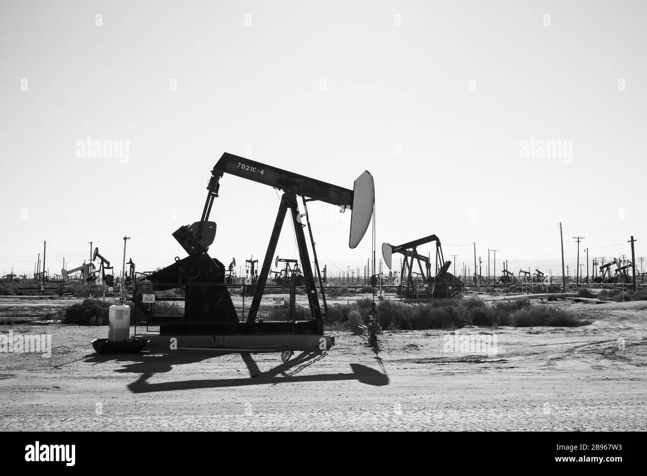 Black and white Oil Pumps working in sunny California desert. These jacks can extract 5 to 40 litres of crude oil and water emulsion at each stroke. Stock Photo