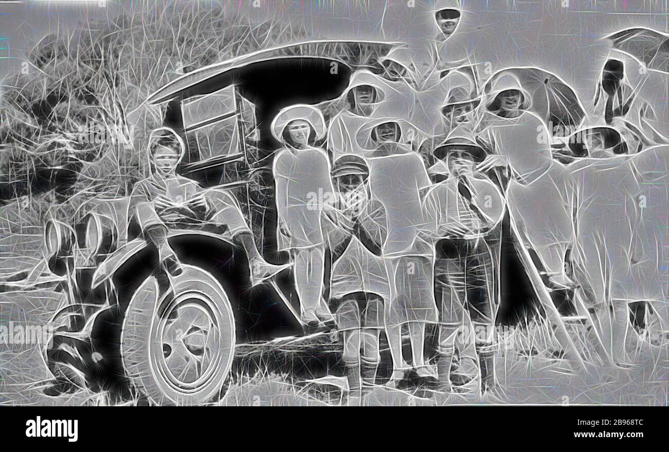 Negative - Mildura District, Victoria, circa 1925, A Sunday school group leaving for a picnic. They are seated on and beside a Reo Speed Wagon truck., Reimagined by Gibon, design of warm cheerful glowing of brightness and light rays radiance. Classic art reinvented with a modern twist. Photography inspired by futurism, embracing dynamic energy of modern technology, movement, speed and revolutionize culture. Stock Photo