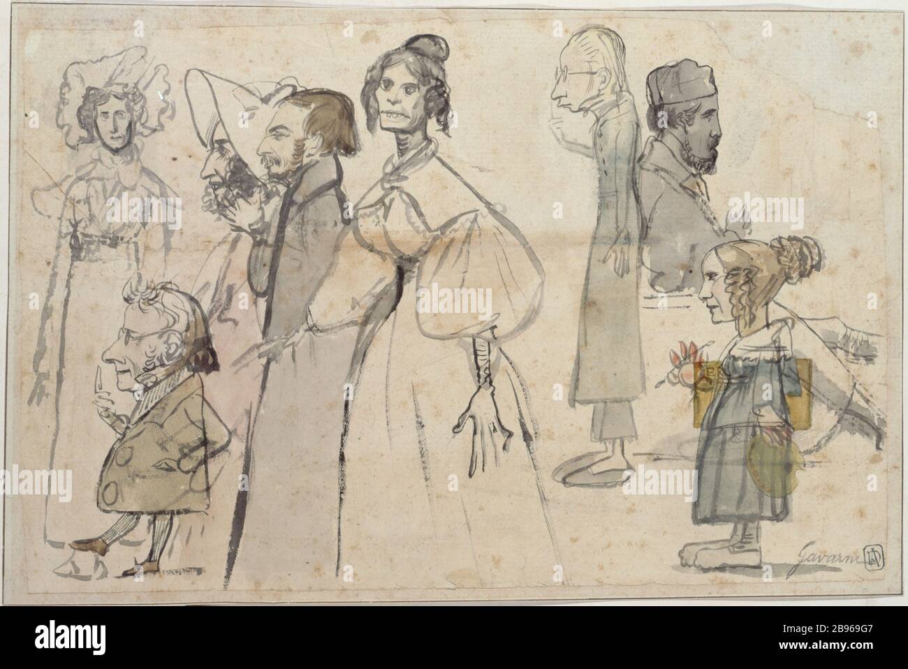 STUDY OF EIGHT CHARACTER Gavarni (1804-1866). 'Etude de huit personnages (dont une lorette et une lorette vieille)'. Aquarelle, lavis d'encre. Paris, musée de la Vie romantique. Stock Photo