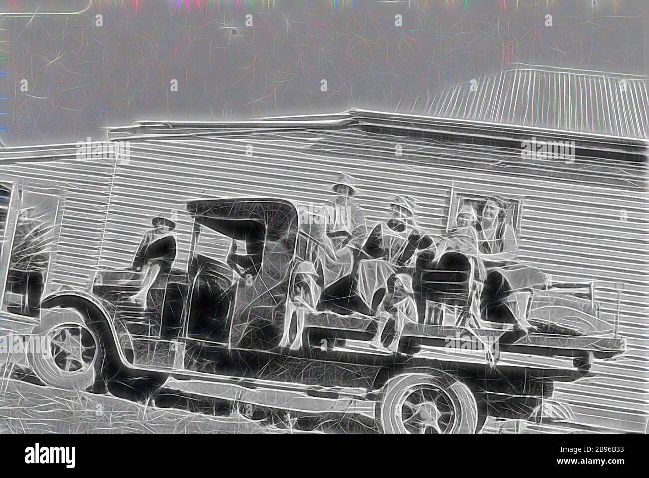Negative - Women & Children Sitting on a Brockway Truck, Karoonda, South Australia, circa 1925, Women and children sitting on a Brockway truck., Reimagined by Gibon, design of warm cheerful glowing of brightness and light rays radiance. Classic art reinvented with a modern twist. Photography inspired by futurism, embracing dynamic energy of modern technology, movement, speed and revolutionize culture. Stock Photo
