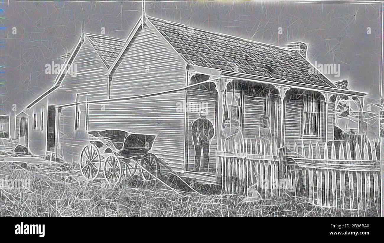 Negative - Family Standing on the Verandah of their Home, Majorca (?), Victoria, circa 1880, A family standing on the verandah of their home. A buggy is parked at the side of the house. There is a shingle roof and a drain pipe runs from the guttering at the front of the house to the rear (but not, apparently, to a water tank unless the tank is sunk in the ground., Reimagined by Gibon, design of warm cheerful glowing of brightness and light rays radiance. Classic art reinvented with a modern twist. Photography inspired by futurism, embracing dynamic energy of modern technology, movement, speed Stock Photo