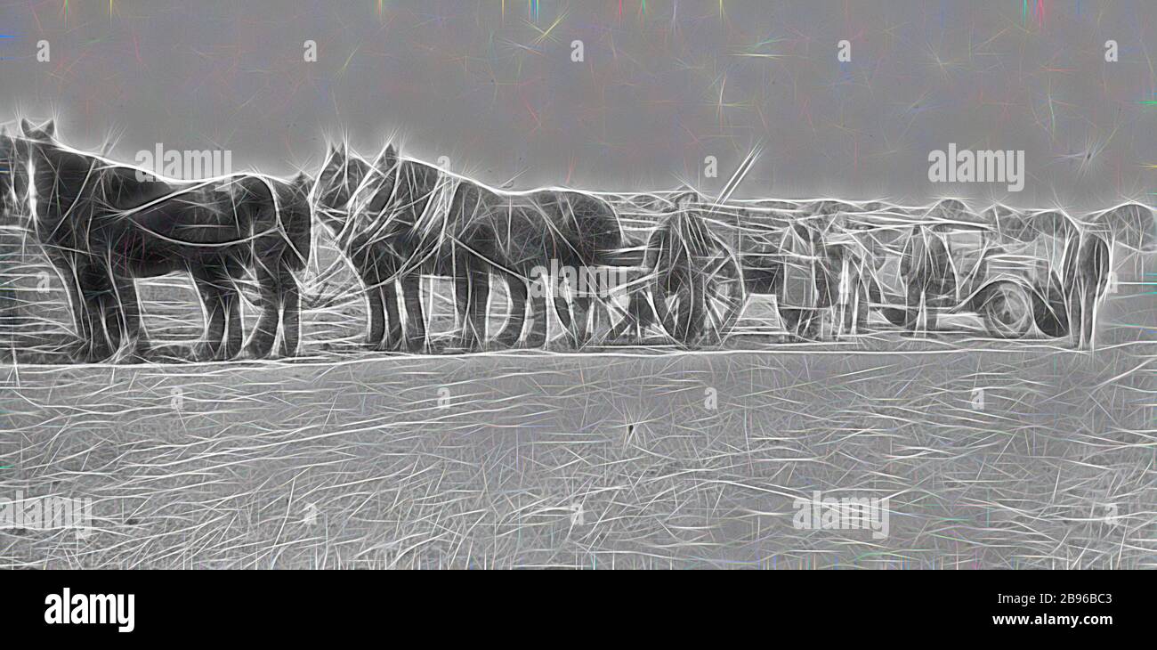 Negative - Horse Team Which Has Pulled a Car From a Bog, Laen East, via Donald, Victoria, 1931, A horse team which has pulled a car from a bog., Reimagined by Gibon, design of warm cheerful glowing of brightness and light rays radiance. Classic art reinvented with a modern twist. Photography inspired by futurism, embracing dynamic energy of modern technology, movement, speed and revolutionize culture. Stock Photo