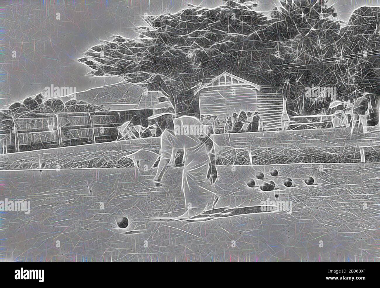 Negative - Man Playing Bowls at 'Erskine House', Lorne, Victoria, 1920, A man playing bowls at 'Erskine House'. A small group of people watch in the background., Reimagined by Gibon, design of warm cheerful glowing of brightness and light rays radiance. Classic art reinvented with a modern twist. Photography inspired by futurism, embracing dynamic energy of modern technology, movement, speed and revolutionize culture. Stock Photo