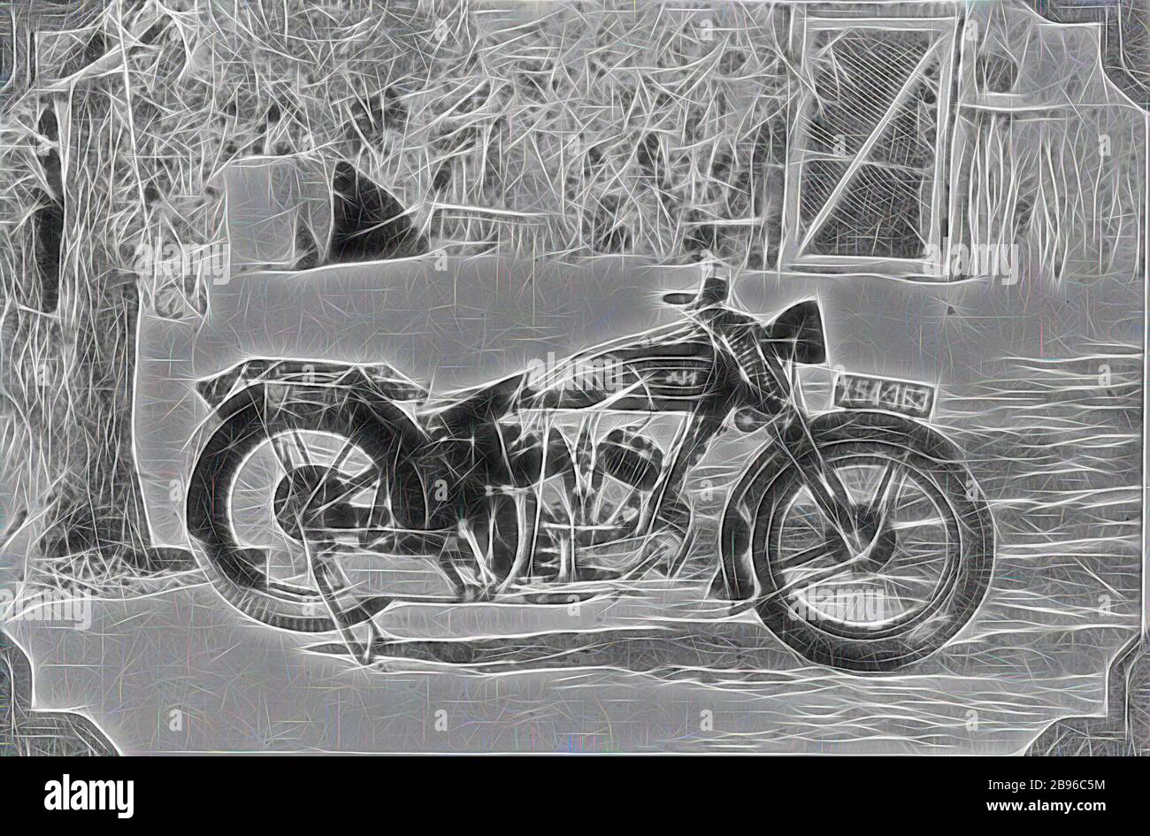 Negative - Henbury, Northern Territory, 1937, A AJS V-twin motorbike at 'Henbery' station. There is a brush covered building in the background., Reimagined by Gibon, design of warm cheerful glowing of brightness and light rays radiance. Classic art reinvented with a modern twist. Photography inspired by futurism, embracing dynamic energy of modern technology, movement, speed and revolutionize culture. Stock Photo