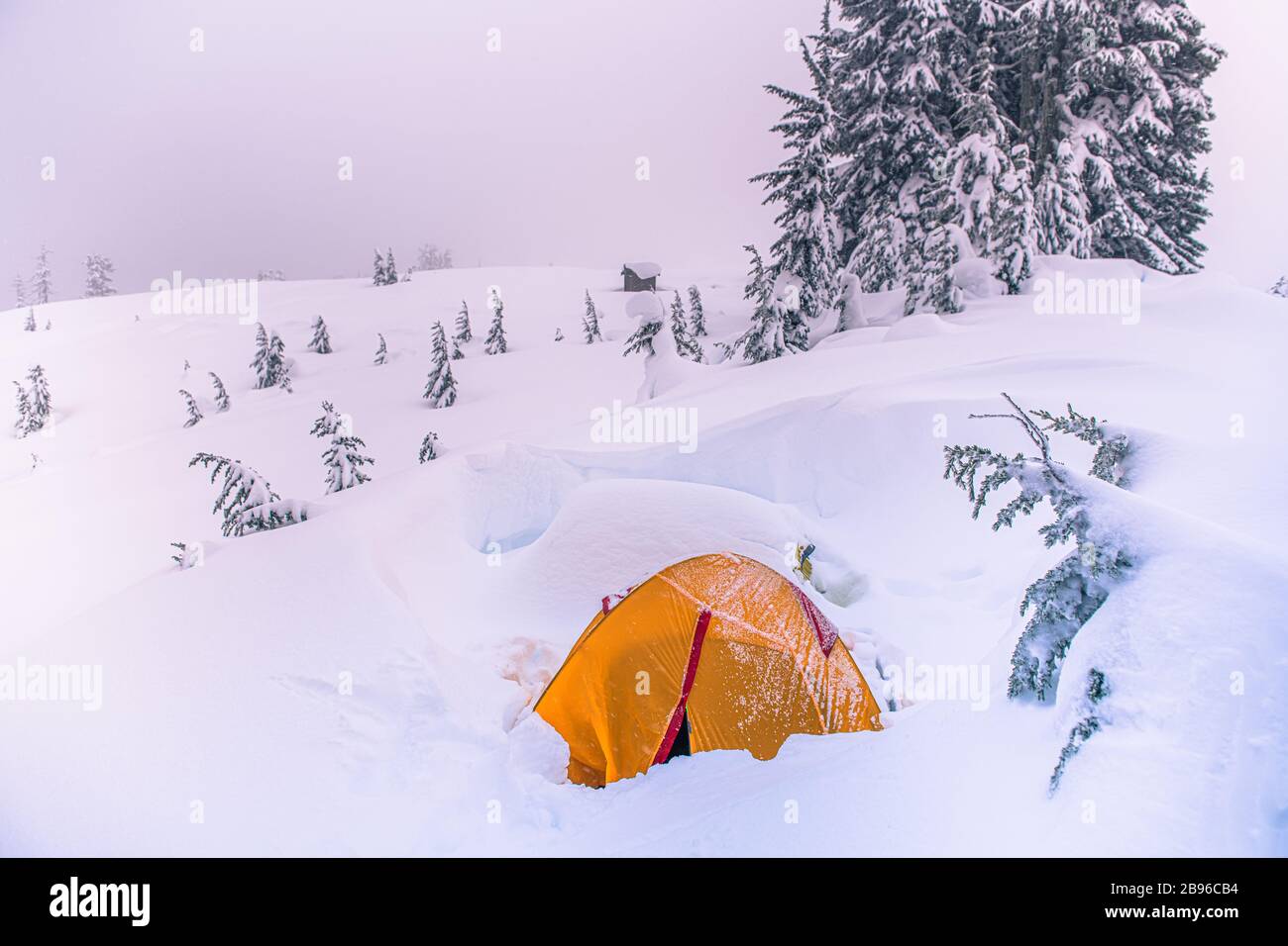 High angle view of orange tent pitched in a wintry landscape. Stock Photo