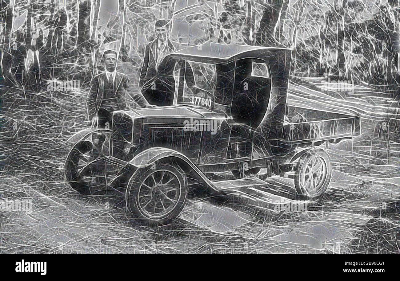 Negative - Steiglitz District, Victoria, pre 1940, Two male students stand beside the Ballarat School of Mines truck that is parked on a bush track. They wear suits, vests and ties. The truck was donated by the Morris Motor Company. The number plate on the bonnet reads 'VIC 177-840'. The truck is a two seater with flat bed trailer., Reimagined by Gibon, design of warm cheerful glowing of brightness and light rays radiance. Classic art reinvented with a modern twist. Photography inspired by futurism, embracing dynamic energy of modern technology, movement, speed and revolutionize culture. Stock Photo