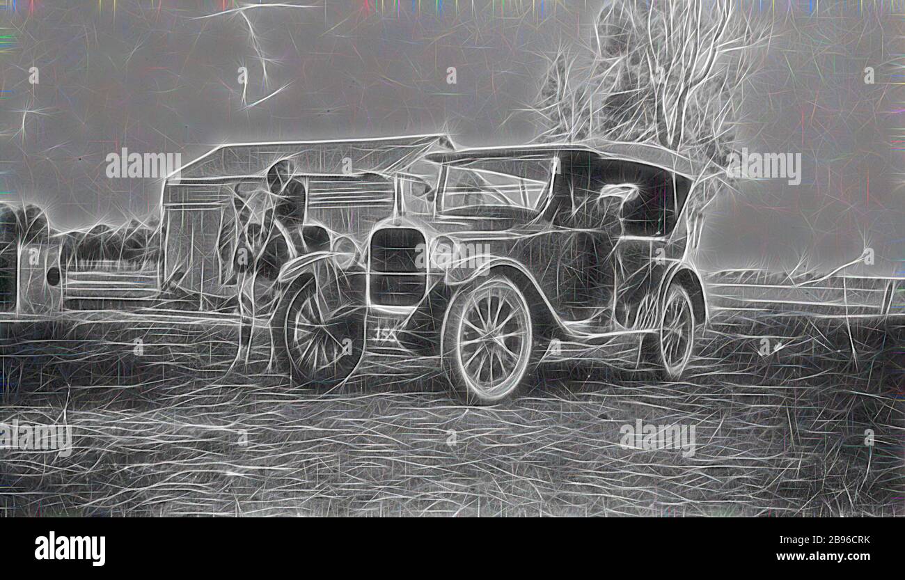 Negative - Dooen North, Victoria, pre 1930, A young boy riding a bullock (named 'Baldy') next to a car. A small boy stands on the running board and a man is seated in the passenger seat., Reimagined by Gibon, design of warm cheerful glowing of brightness and light rays radiance. Classic art reinvented with a modern twist. Photography inspired by futurism, embracing dynamic energy of modern technology, movement, speed and revolutionize culture. Stock Photo