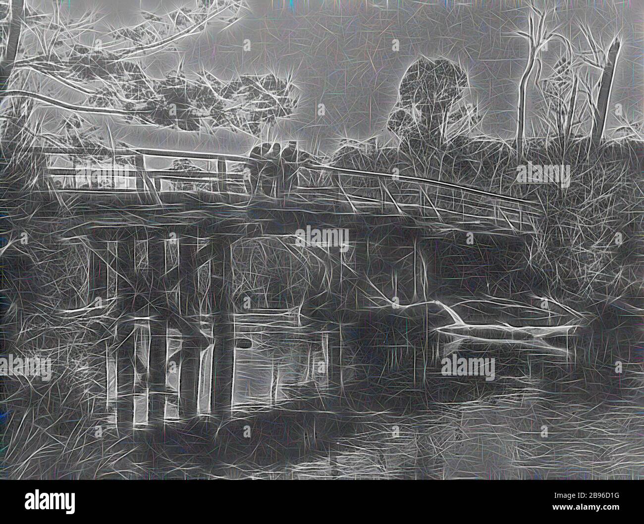 Negative - Patersonia (?), Tasmania, 1902, Group of people on an old timber bridge over the St Patrick's River., Reimagined by Gibon, design of warm cheerful glowing of brightness and light rays radiance. Classic art reinvented with a modern twist. Photography inspired by futurism, embracing dynamic energy of modern technology, movement, speed and revolutionize culture. Stock Photo