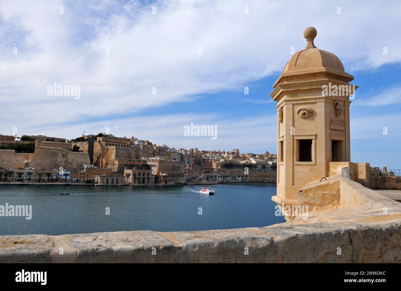 The historic watchtower (vedette) at Gardjola Gardens in Senglea, Malta offers a view across the Grand Harbour to the capital, Valletta. Stock Photo
