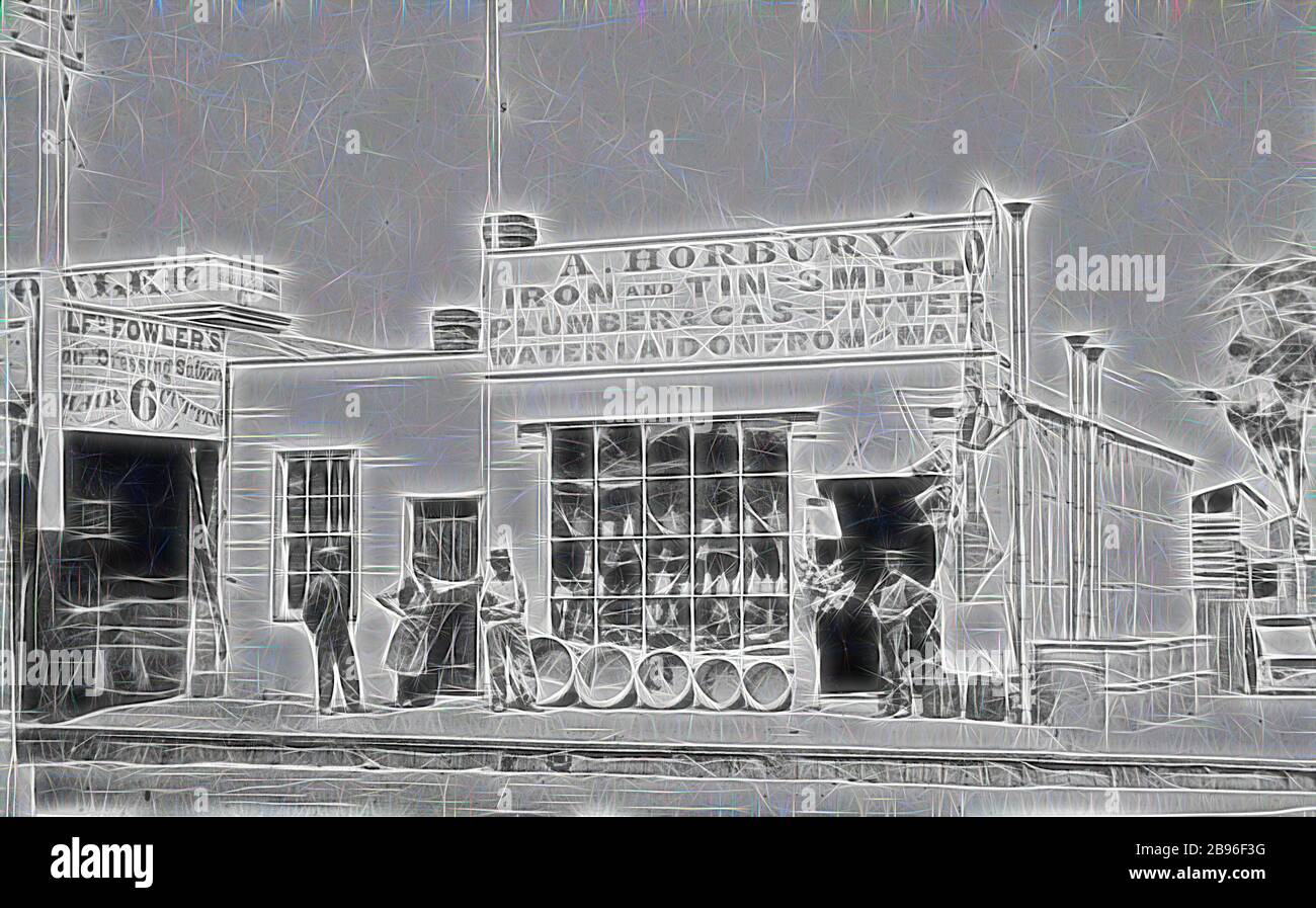 Negative - A. Horbury's Shop, Bendigo, Victoria, 1863, Four men standing outside the shop of A. Horbury. The sign above the shop reads 'A. Horbury, iron and Tin-Smith, Plumber & Gas Fitter, water laid on from the main.' On the left is Alfred Fowler's Hairdressing Salon., Reimagined by Gibon, design of warm cheerful glowing of brightness and light rays radiance. Classic art reinvented with a modern twist. Photography inspired by futurism, embracing dynamic energy of modern technology, movement, speed and revolutionize culture. Stock Photo