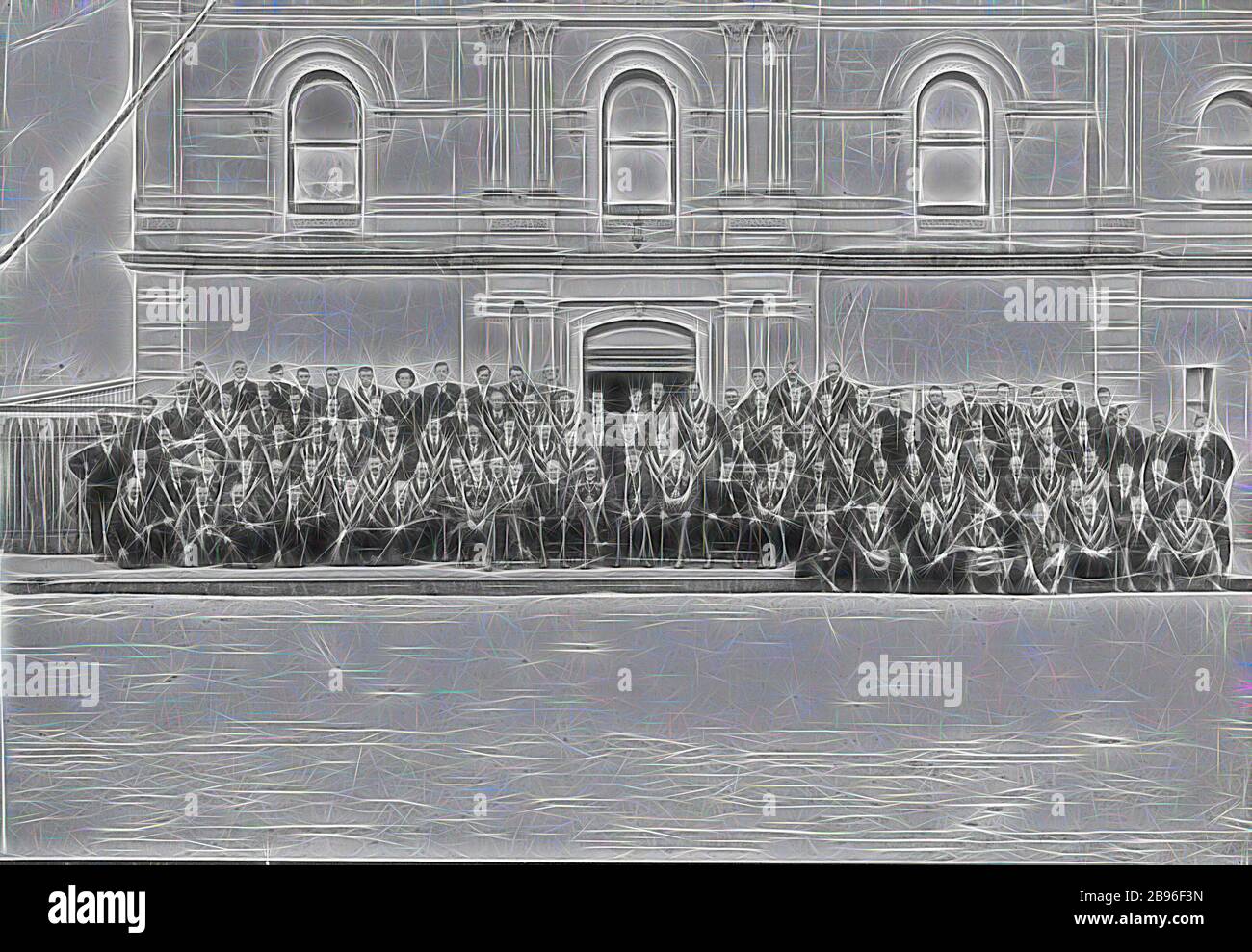 Negative - Hibernian Society, Bendigo, Victoria, circa 1917, The annual conference of the Hibernian Society. The Bendigo Town Hall is in the background., Reimagined by Gibon, design of warm cheerful glowing of brightness and light rays radiance. Classic art reinvented with a modern twist. Photography inspired by futurism, embracing dynamic energy of modern technology, movement, speed and revolutionize culture. Stock Photo