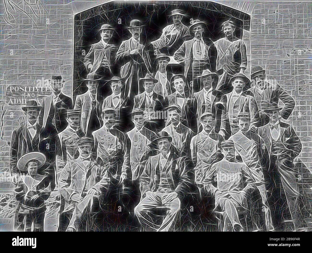 Negative - Bendigo, Victoria, circa 1905, A group of workers from the Bendigo tram system., Reimagined by Gibon, design of warm cheerful glowing of brightness and light rays radiance. Classic art reinvented with a modern twist. Photography inspired by futurism, embracing dynamic energy of modern technology, movement, speed and revolutionize culture. Stock Photo
