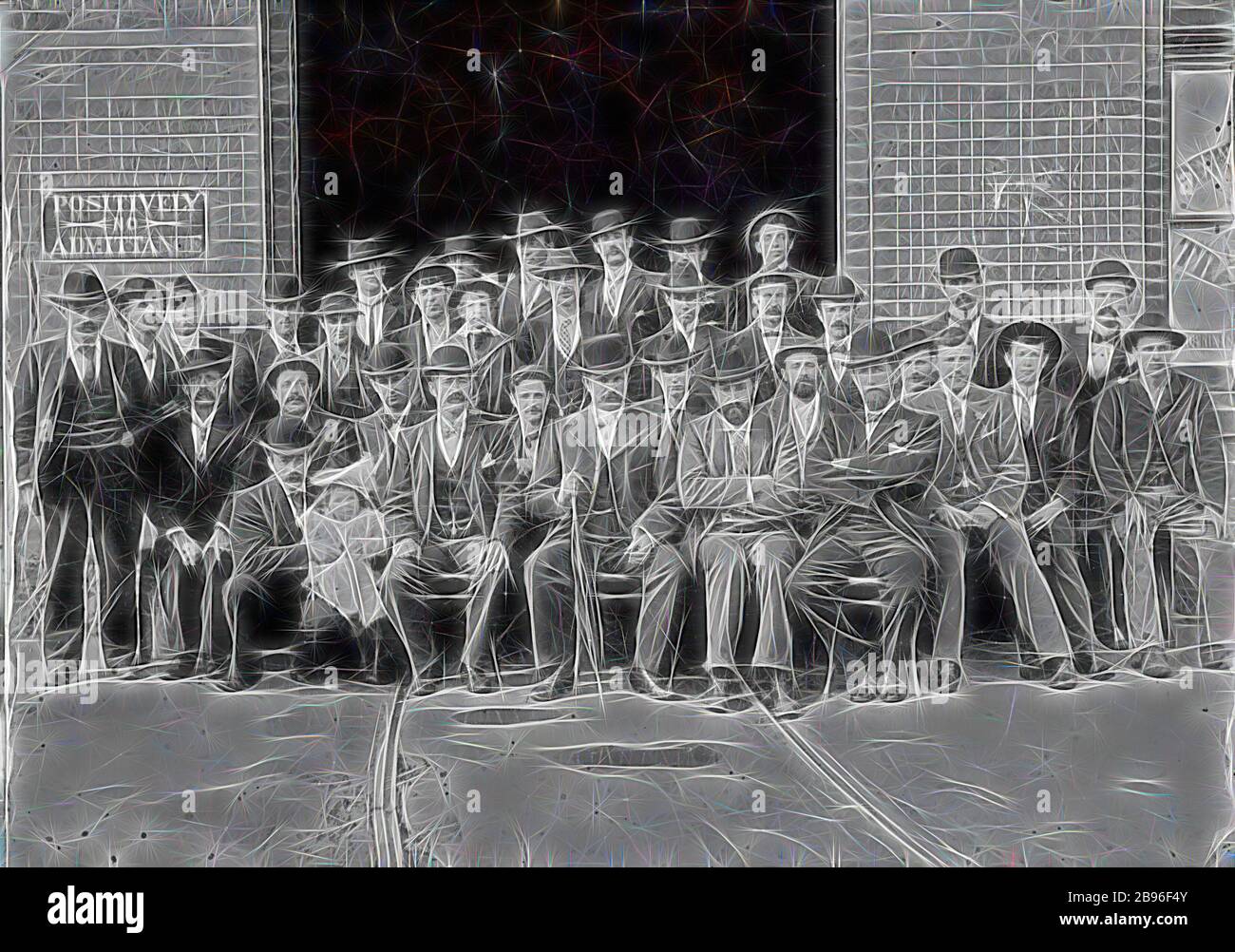 Negative - Bendigo, Victoria, circa 1905, A group of men at a tram entrance of the Bendigo Tramways. The men are all well-dressed and one holds a baby on his knee., Reimagined by Gibon, design of warm cheerful glowing of brightness and light rays radiance. Classic art reinvented with a modern twist. Photography inspired by futurism, embracing dynamic energy of modern technology, movement, speed and revolutionize culture. Stock Photo