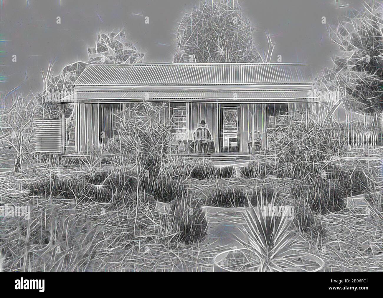 Negative - Bundalong, Victoria, 1907, A man seated on the verandah of a small house. The front door is open and the backyard can be seen through an open back door. There is a garden in front of the house and a water tank at the side., Reimagined by Gibon, design of warm cheerful glowing of brightness and light rays radiance. Classic art reinvented with a modern twist. Photography inspired by futurism, embracing dynamic energy of modern technology, movement, speed and revolutionize culture. Stock Photo