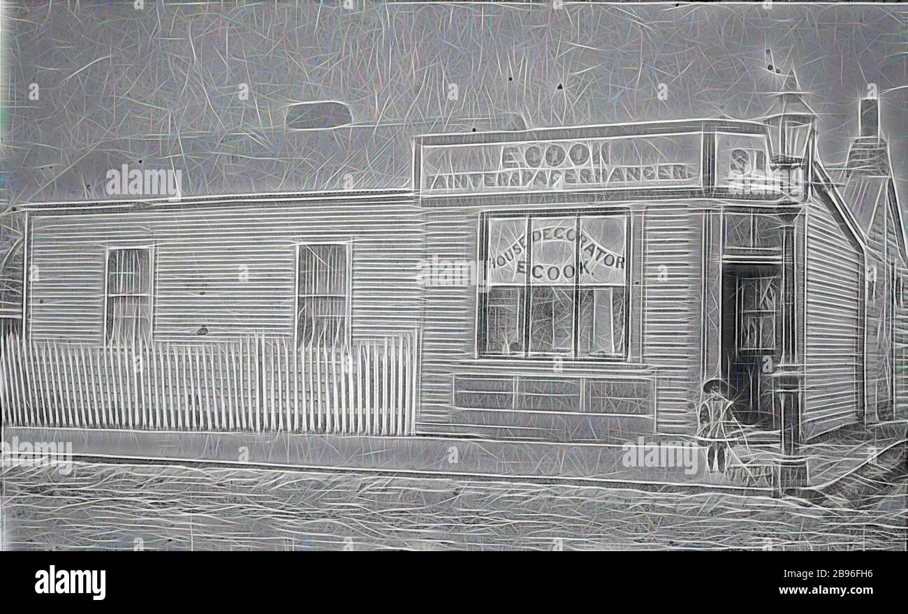 Negative - Richmond, Victoria, circa 1890, Negative of the shop of E. Cook, house decorator., Reimagined by Gibon, design of warm cheerful glowing of brightness and light rays radiance. Classic art reinvented with a modern twist. Photography inspired by futurism, embracing dynamic energy of modern technology, movement, speed and revolutionize culture. Stock Photo