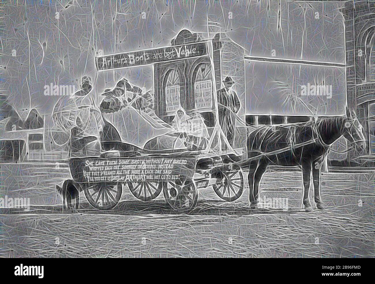 Negative - Bairnsdale, Victoria, circa 1900, A horse float in a carnival procession. The theme of the float is 'The old woman who lived in a shoe' and a sign on the side reads: She gave them some broth without any bread/ whipped each one soundly or scolded instead/ but they yelled all the more and each one said/ 'till you get us boots at Arthur's we'll not go to bed. A sign above the float reads: Arthur's boots are best value.'., Reimagined by Gibon, design of warm cheerful glowing of brightness and light rays radiance. Classic art reinvented with a modern twist. Photography inspired by futuri Stock Photo
