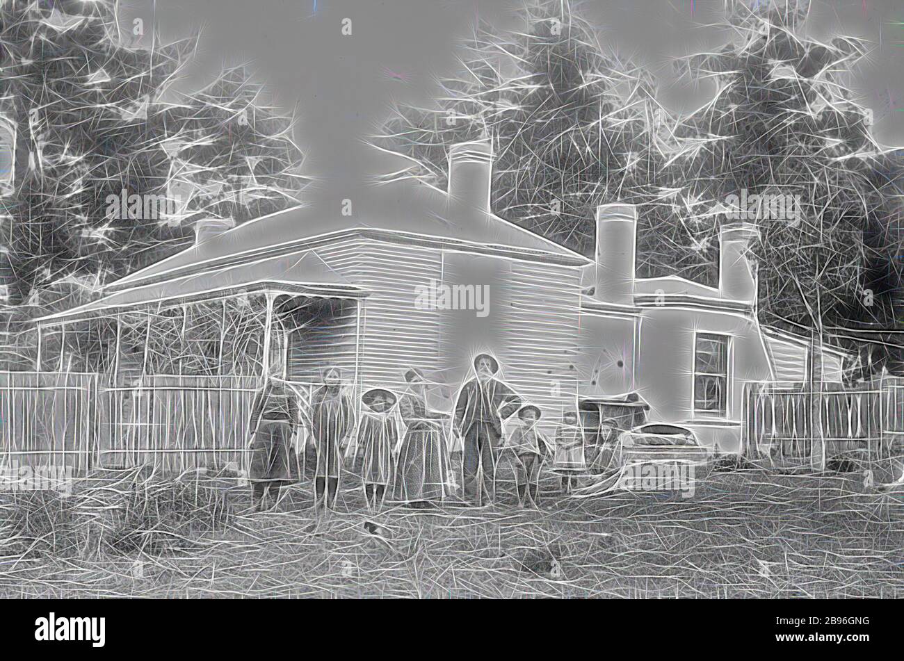 Negative - Moorabbin, Victoria, circa 1900, The Northway family pictured outside their home at Moorabbin. It is a weatherboard house which has been extended at the back., Reimagined by Gibon, design of warm cheerful glowing of brightness and light rays radiance. Classic art reinvented with a modern twist. Photography inspired by futurism, embracing dynamic energy of modern technology, movement, speed and revolutionize culture. Stock Photo