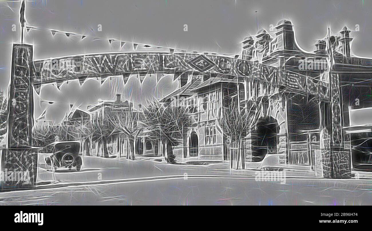 Negative - Wangaratta, Victoria, 1938, A welcome arch built for the Wangaratta Centenary., Reimagined by Gibon, design of warm cheerful glowing of brightness and light rays radiance. Classic art reinvented with a modern twist. Photography inspired by futurism, embracing dynamic energy of modern technology, movement, speed and revolutionize culture. Stock Photo
