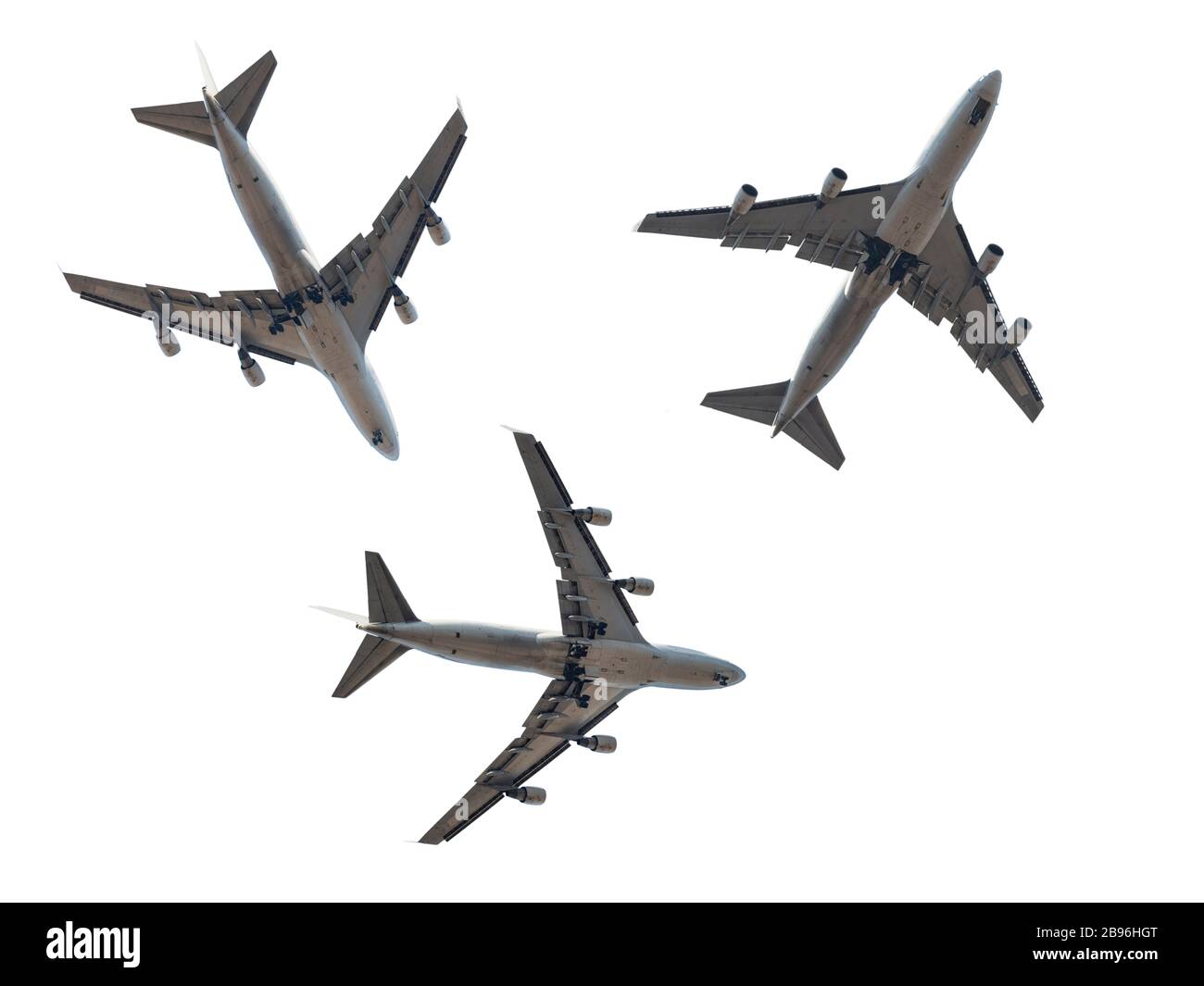 Jet passenger plane silhouettes isolated on white. Four engine aircrafts Stock Photo