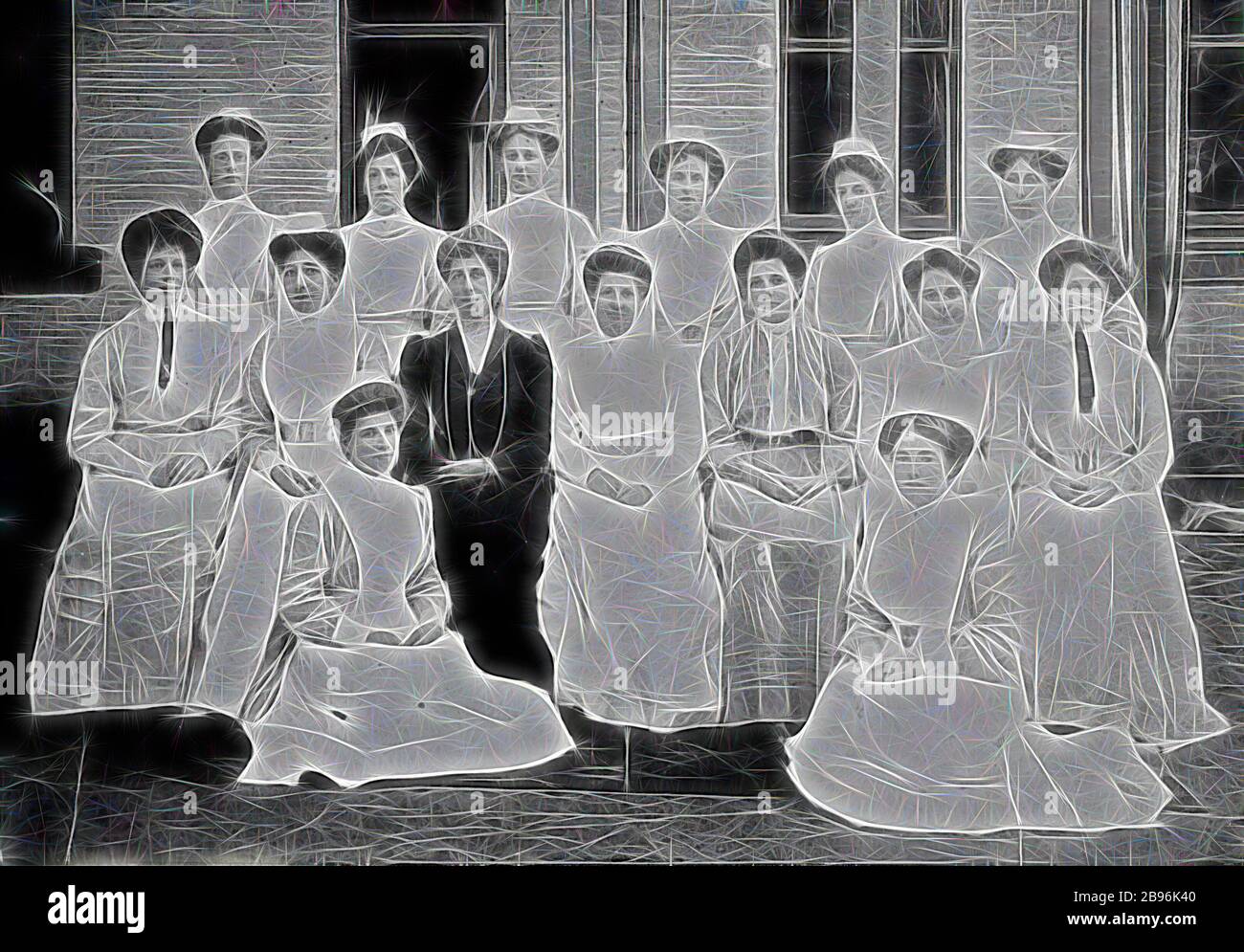 Negative - Melbourne, Victoria, circa 1910, Staff at the Queen Victoria Hospital., Reimagined by Gibon, design of warm cheerful glowing of brightness and light rays radiance. Classic art reinvented with a modern twist. Photography inspired by futurism, embracing dynamic energy of modern technology, movement, speed and revolutionize culture. Stock Photo