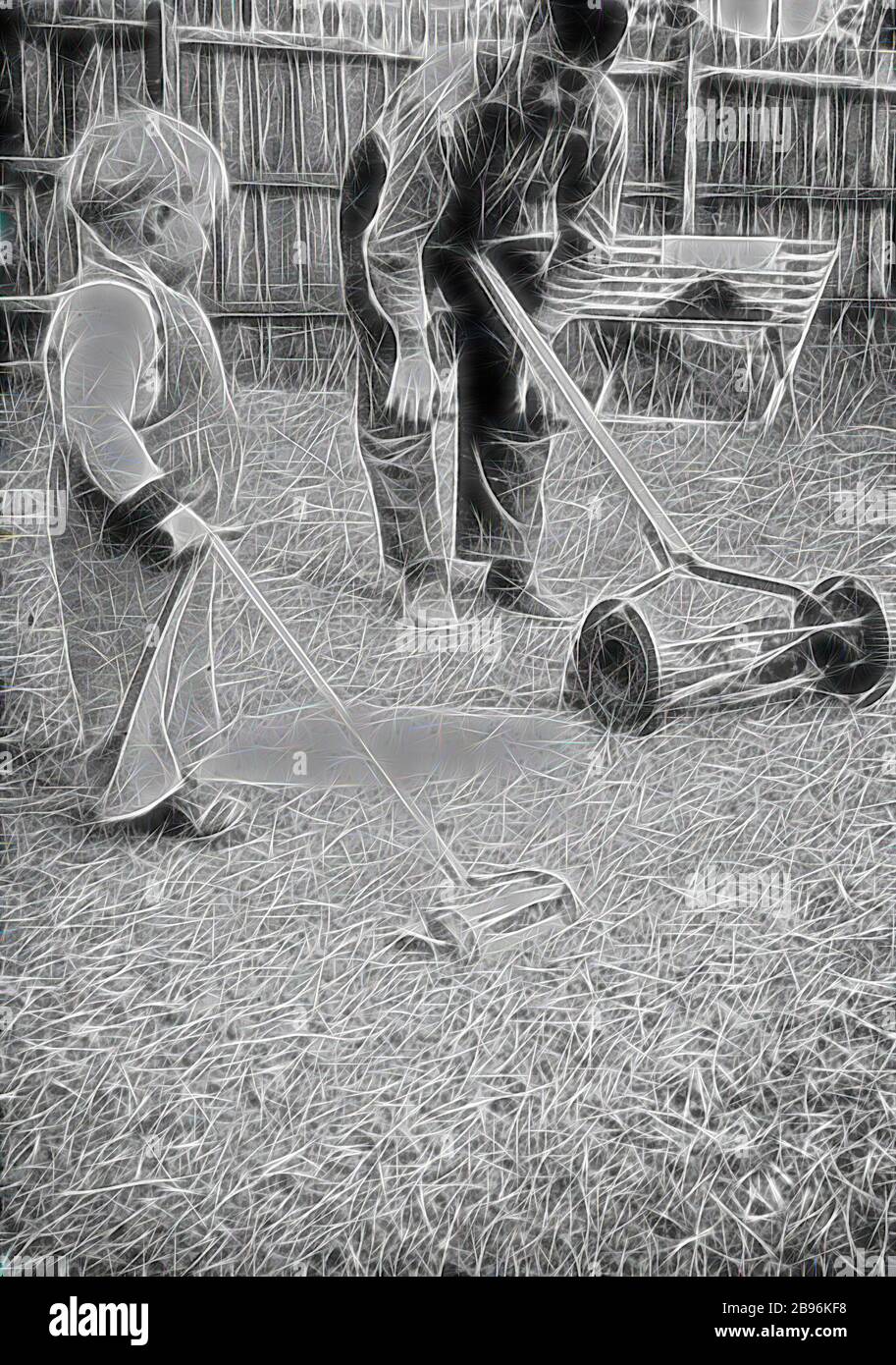 Negative - Greensborough, Victoria, Sep 1956, A father and son in a backyard. The father has a hand pushed lawn mower and the child a toy lawn mower., Reimagined by Gibon, design of warm cheerful glowing of brightness and light rays radiance. Classic art reinvented with a modern twist. Photography inspired by futurism, embracing dynamic energy of modern technology, movement, speed and revolutionize culture. Stock Photo
