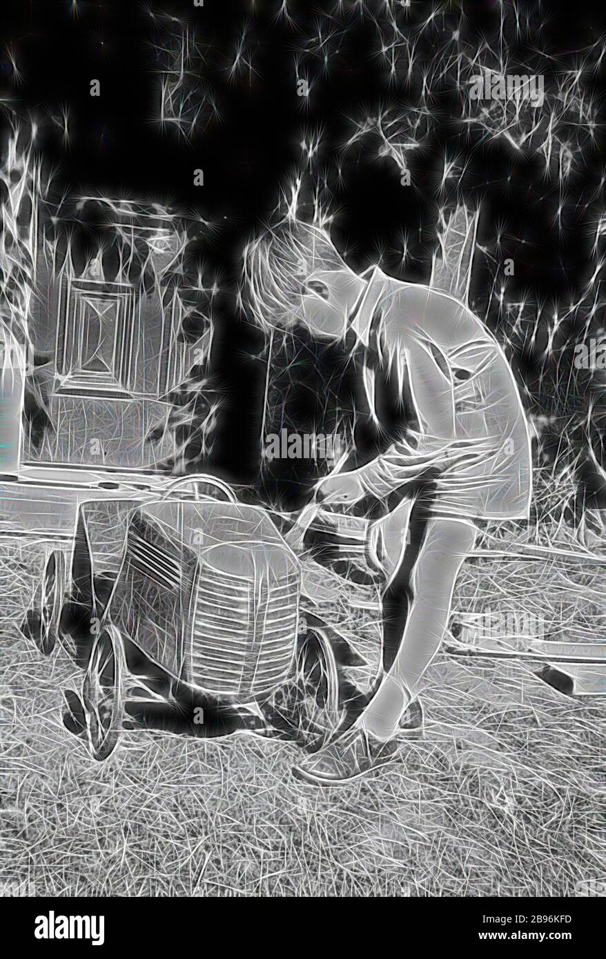 Negative - Greensborough, Victoria, 1959, A boy painting a pedal car., Reimagined by Gibon, design of warm cheerful glowing of brightness and light rays radiance. Classic art reinvented with a modern twist. Photography inspired by futurism, embracing dynamic energy of modern technology, movement, speed and revolutionize culture. Stock Photo
