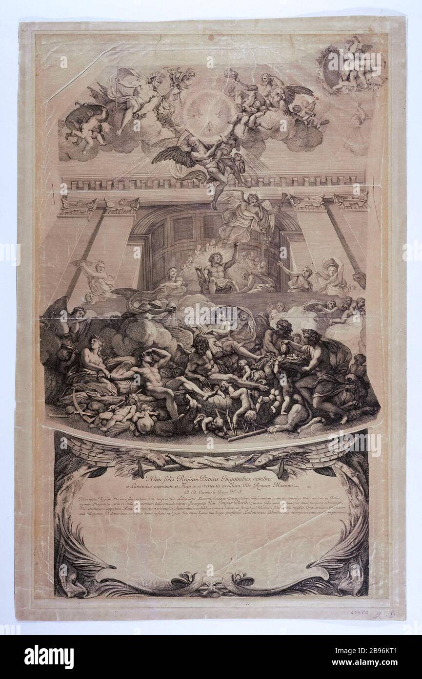 COMPOSITION FOR THE BROWN KING GLORY 'Composition de Le Brun à la gloire du roi '. Gravure anonyme. Paris, musée Carnavalet. Stock Photo